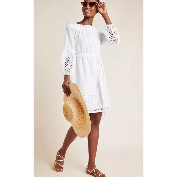 Anthropologie White Cotton Eyelet Lantern Sleeve Off-Shoulder Boho Dress Sz 12 - Picture 1 of 16